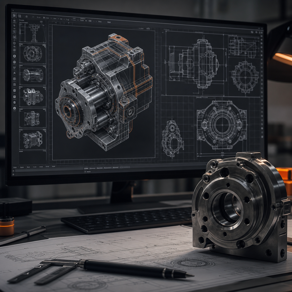 A 3D CAD model of a mechanical assembly shown on a monitor beside a machined metal part.