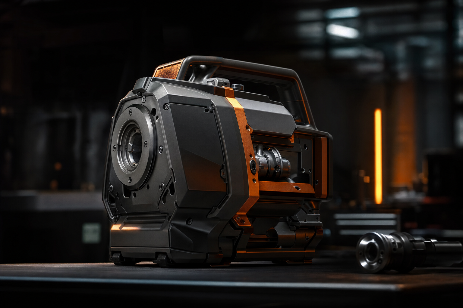 A rugged, precision-engineered industrial device on a workshop bench under dramatic lighting.