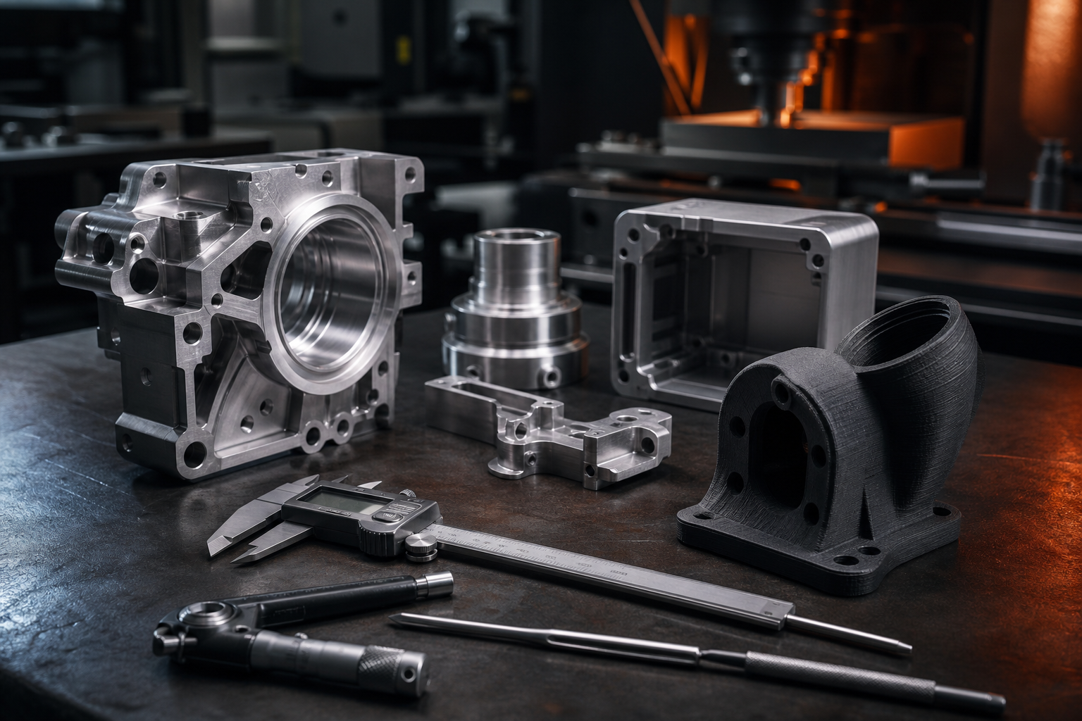 Machined aluminium prototype parts and a 3D-printed component laid out with precision measuring tools on a workbench.